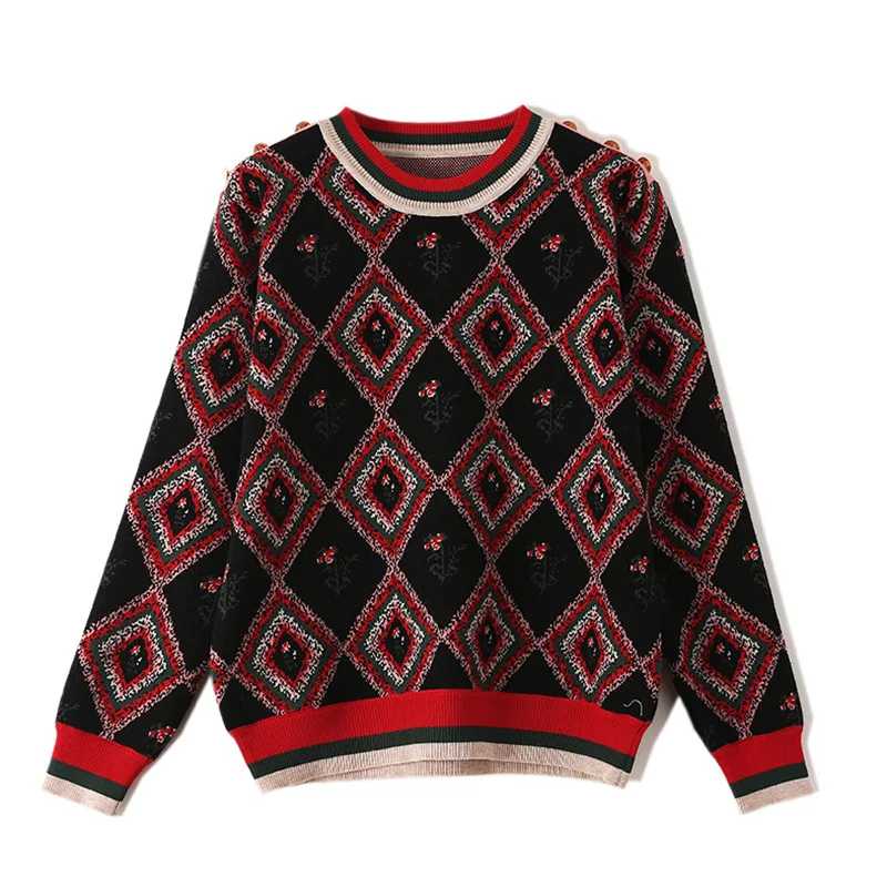 Женский свободный свитер в стиле ретро модный вязаный пуловер клетку с ромбами