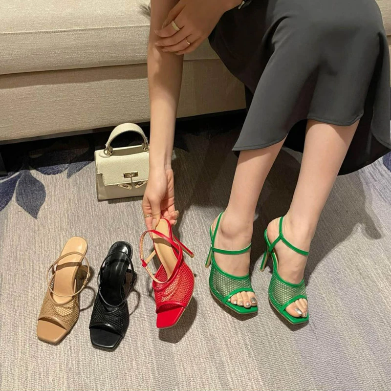 

2022 New Summer High Heels Mesh Hollow Sandals Square Toe Women's Shoes