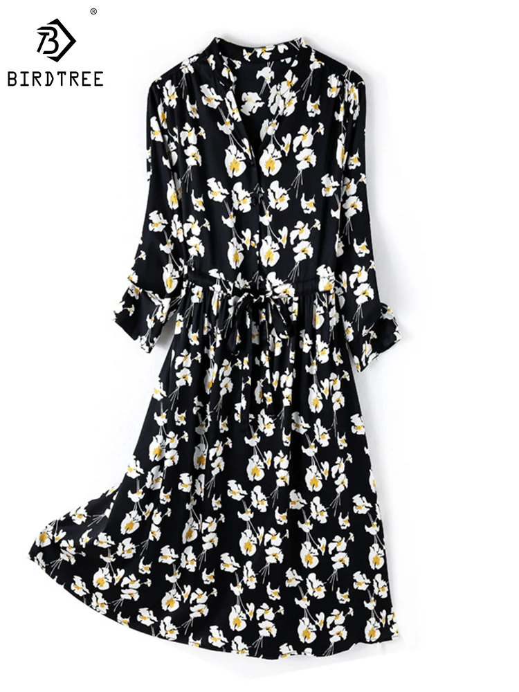 

Birdtree 90% Real Mulberry Silk 10%Spandex Dress Women Floral Print V Necks Belted 3/4 Sleeves Slim Dresses New Fall D36934QM