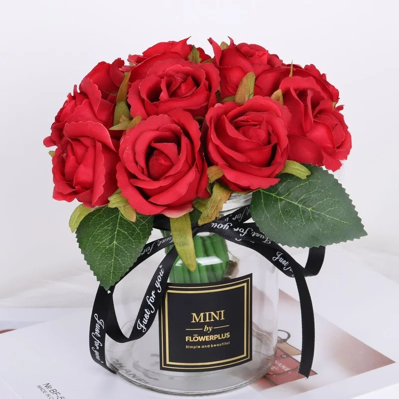

Simulation of 12 Small Roses Wedding Bride Holding Flowers Home Hotel Living Room Table Vase Flower Arrangement DIY Fake Flowers