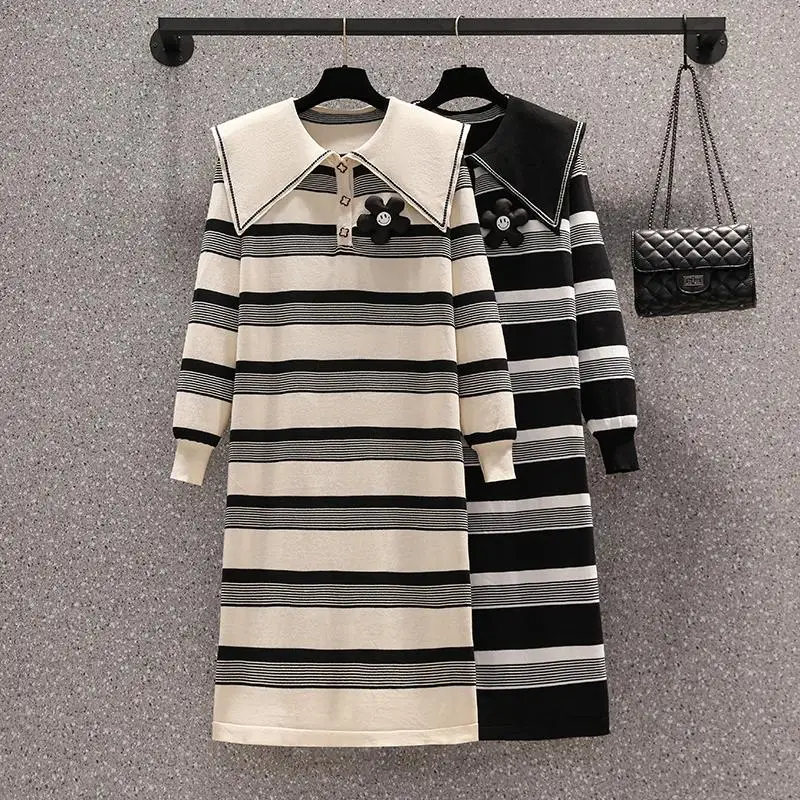 

Winter 2022 Long Sleeve Stripe Knitted Dress Big Peter Pan Collar Fashion Casual Dresses For Woman Loose Vestido Robe Clothing