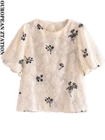 pailete women 2022 fashion lace floral chiffon blouses vintage round neck short sleeves female shirts chic tops