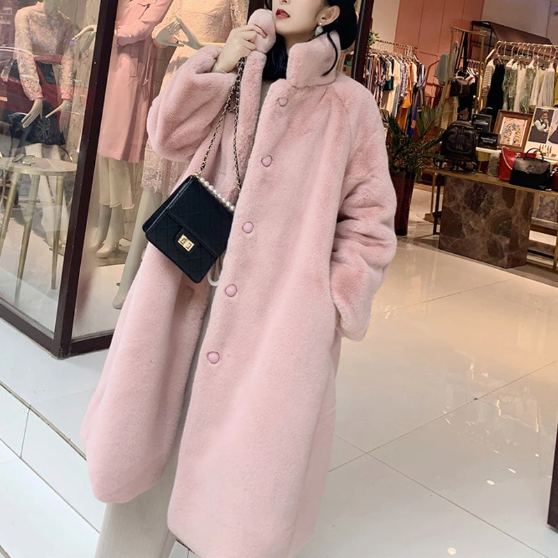

2022 New Women Winter Warm Faux Fur Coat Thick Women Long Coat Stand Collar Women Warm Faux Lamb Wool Coat Casaco Feminino