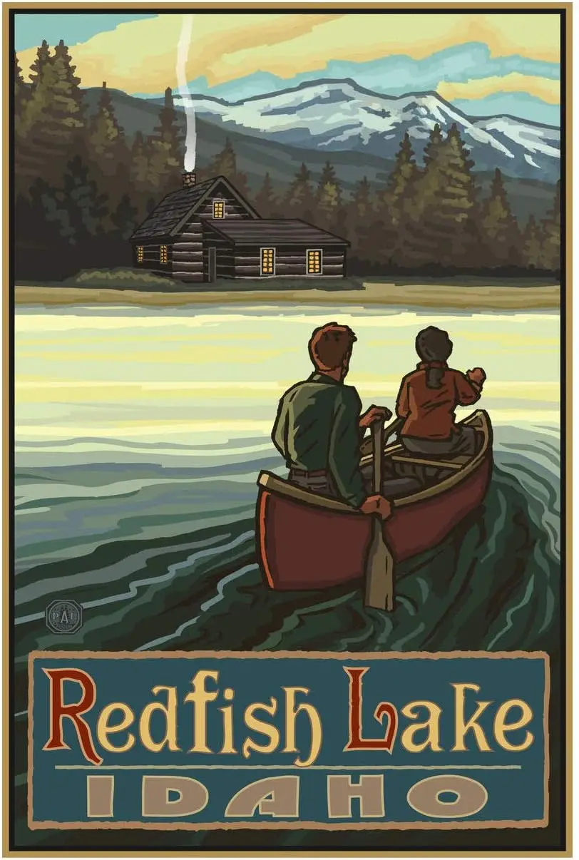 Красное рыбное озеро Idaho Lake Canoers Mountains Giclee жестяная вывеска Художественный принт