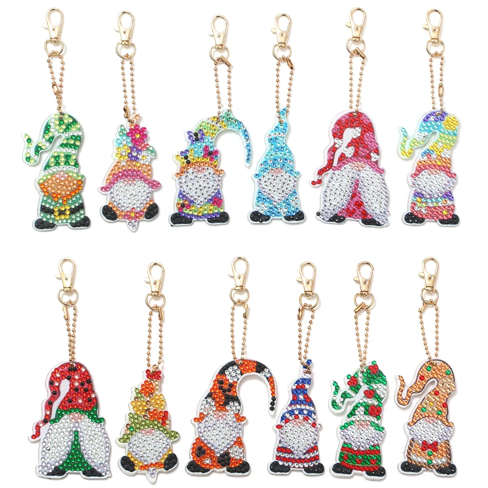 

6Pcs DIY Special-shaped Diamond Painting Keychains Cartoon Gnome Rhinestone Mosaic Keyring Art Craft Kits Woman Bag Pendant Gift