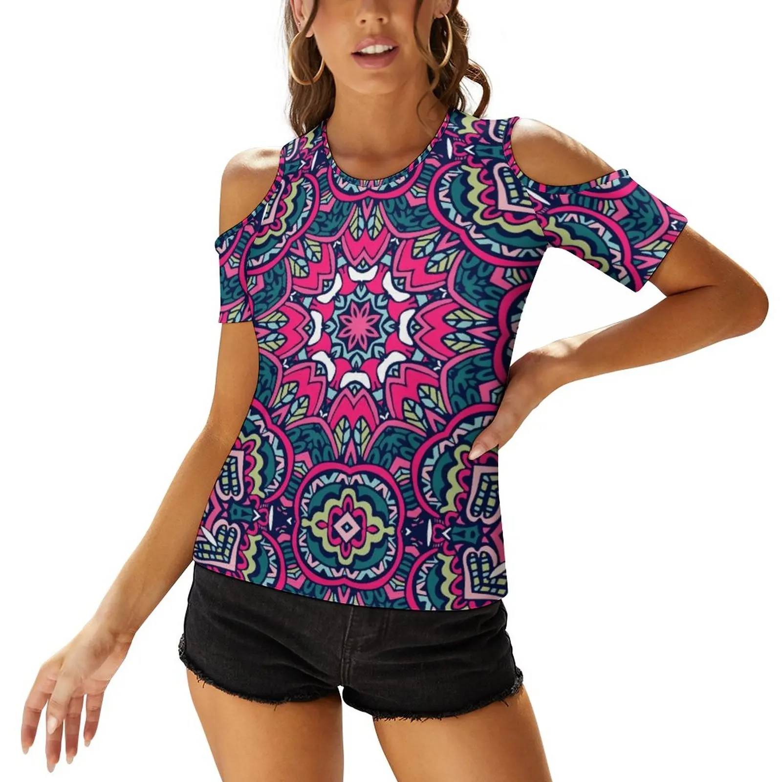

Colorful Bohemia Print T-Shirt Mandala Flower Trendy T-Shirts Off Shoulder Street Fashion Oversized Tee Shirt Beach Pattern Tops