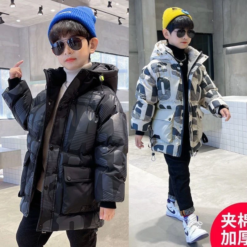 

Зимняя куртка для мальчиков, новинка 2023, длинная Стильная утепленная ветровка с надписью и капюшоном, зимняя верхняя одежда из искусственного хлопка
