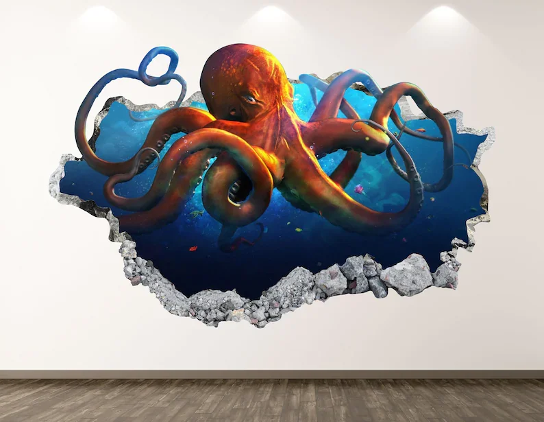 

Octopus Wall Decal - Ocean Animal 3D Smashed Wall Art Sticker Kids Room Decor Vinyl Home Poster Custom Gift KD76