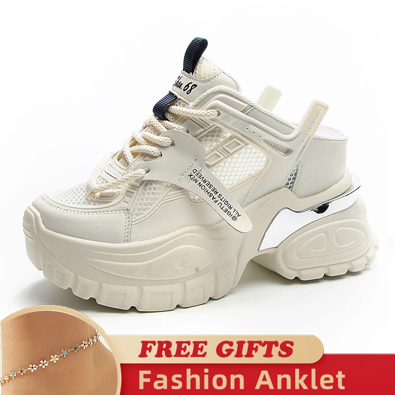 10.5cm2023 Comfy Air Mesh Hollow Female Platform Wedge Chunky Sneakers Genuine Leather Rhinestone Fashion Summer Women Shoes