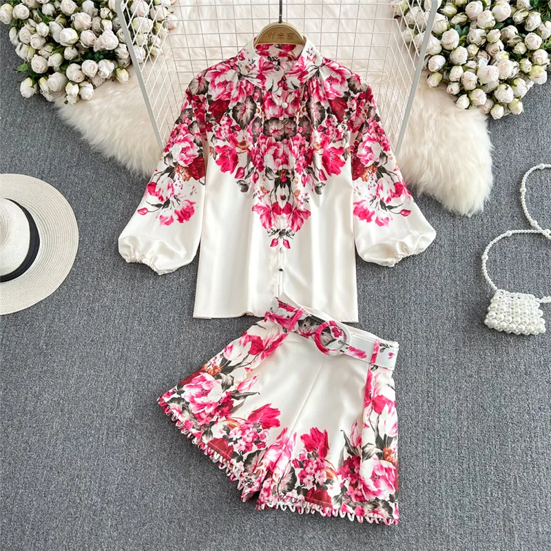 

Summer 2 Pieces Women Vestidos Sets Print Flowers Single Breasted Puff Sleeve Shirts Tops+ Sashes Shorts Clothing Suits