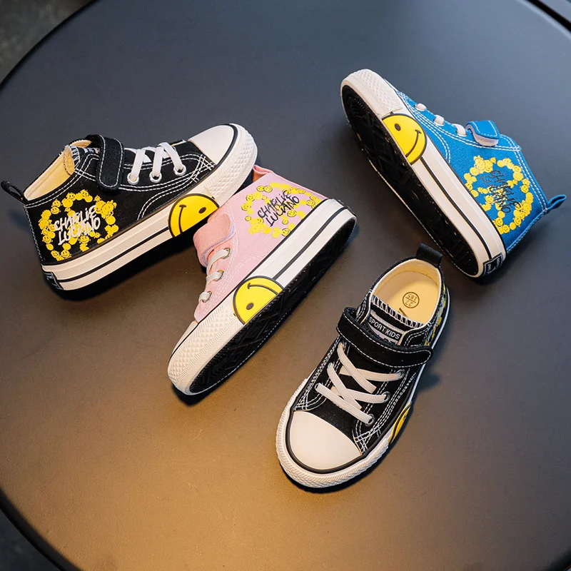 2022 Fashion Smile Printed Pink Canvas Sneakers Kids Boy High top Breathable Children's Canvas Shoes Gilr Platform Child Sneaker