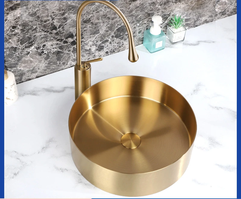 

Golden, round Stainless Steel Table Basin Light Luxury Inter-Platform Basin Wash Basin Single Basin Hotel Bronze Wash Basin