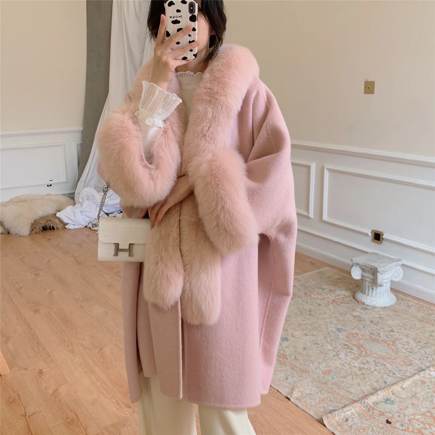 

Aoottii 2022 Winter Jacket Women Natural Fox Fur Collar Cashmere Wool Blends Outerwear Real Fur Coat Streetwear Loose Cloak New