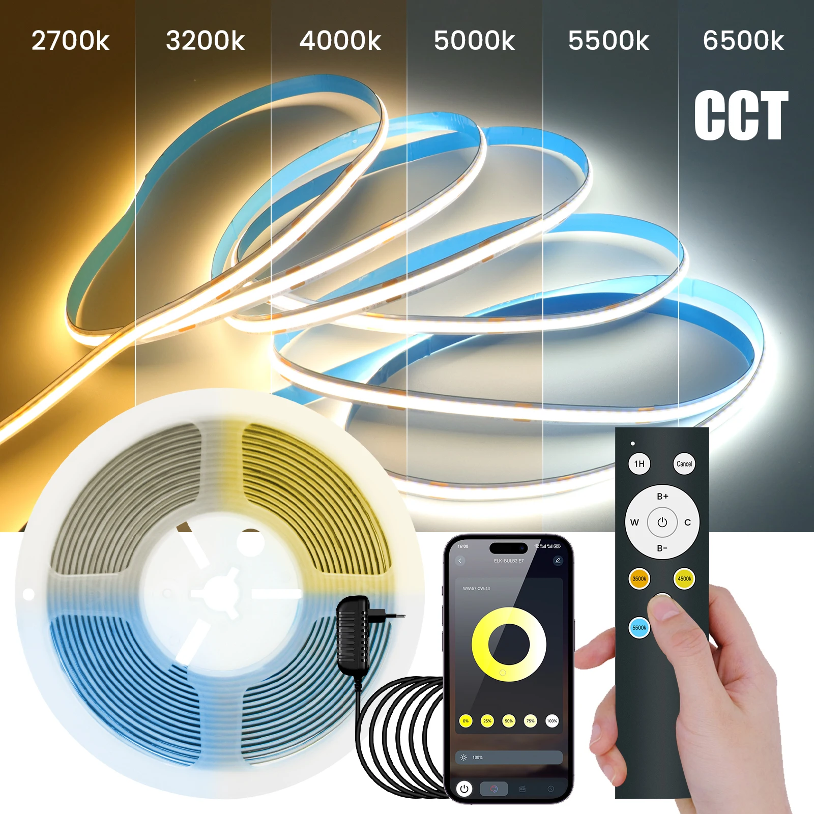 Фото DC 24V CCT COB LED Strip Kit With Power Adapter 17Key RF/Bluetooth APP Control Flexible Ribbon Light 2700K 3000K 4000K 6000K №1