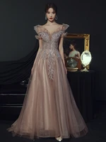 luxury evening dresses women 2022 sequined fine appliqu%c3%a9 off shoulder tulle floor length long formal banquet prom gown