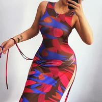 2021 sleeveless patchwork print mesh see through skinny dress summer women fashion sexy club party outfits sheer bodycon maxi