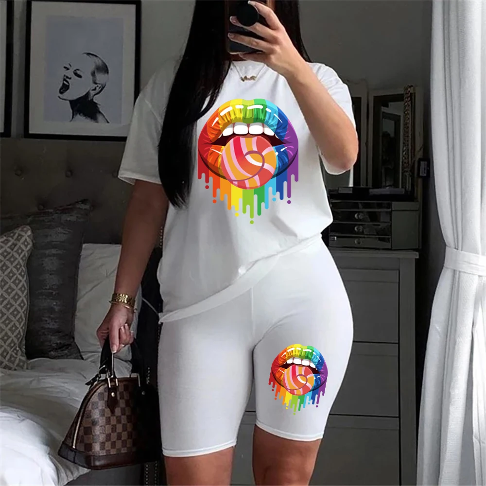 

Cute Sexy Lips Summer Two Pieces Set Women Rainbow Lip Printing T-shirt and High-waist Short Suit Vintage Outfits Matching Sets
