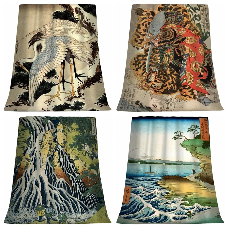 

The Falling Mist Waterfall Thirty Six Views Of Fuji Ukiyo E Retro Style Two Cranes Pine Soft Flannel Blanket By Ho Me Lili