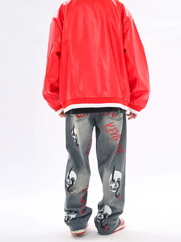 Four Seasons American Trend Street Skull Print Old Jeans Hip Hop Retro Loose Straight Trousers Men Streetwear Ins Hot Sale JEANS