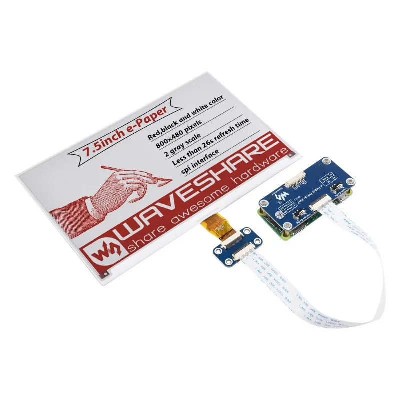 Фото Waveshare 800×480, красный/черный/белый, SPI, 7,5-дюймовый дисплей E-Paper E-Ink HAT (B) для Raspberry Pi №1