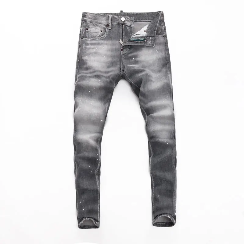 High Street Fashion Мужские джинсы Ретро стираные серые эластичные облегающие рваные