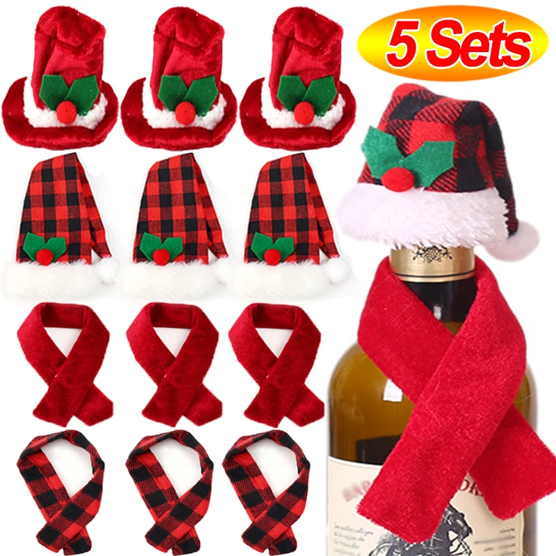 

1/5set Christmas Wine Bottle Covers Xmas Wine Bottle Scarf Hat Set Decoration New Year Gift Kitchen Tableware Decor Accessories