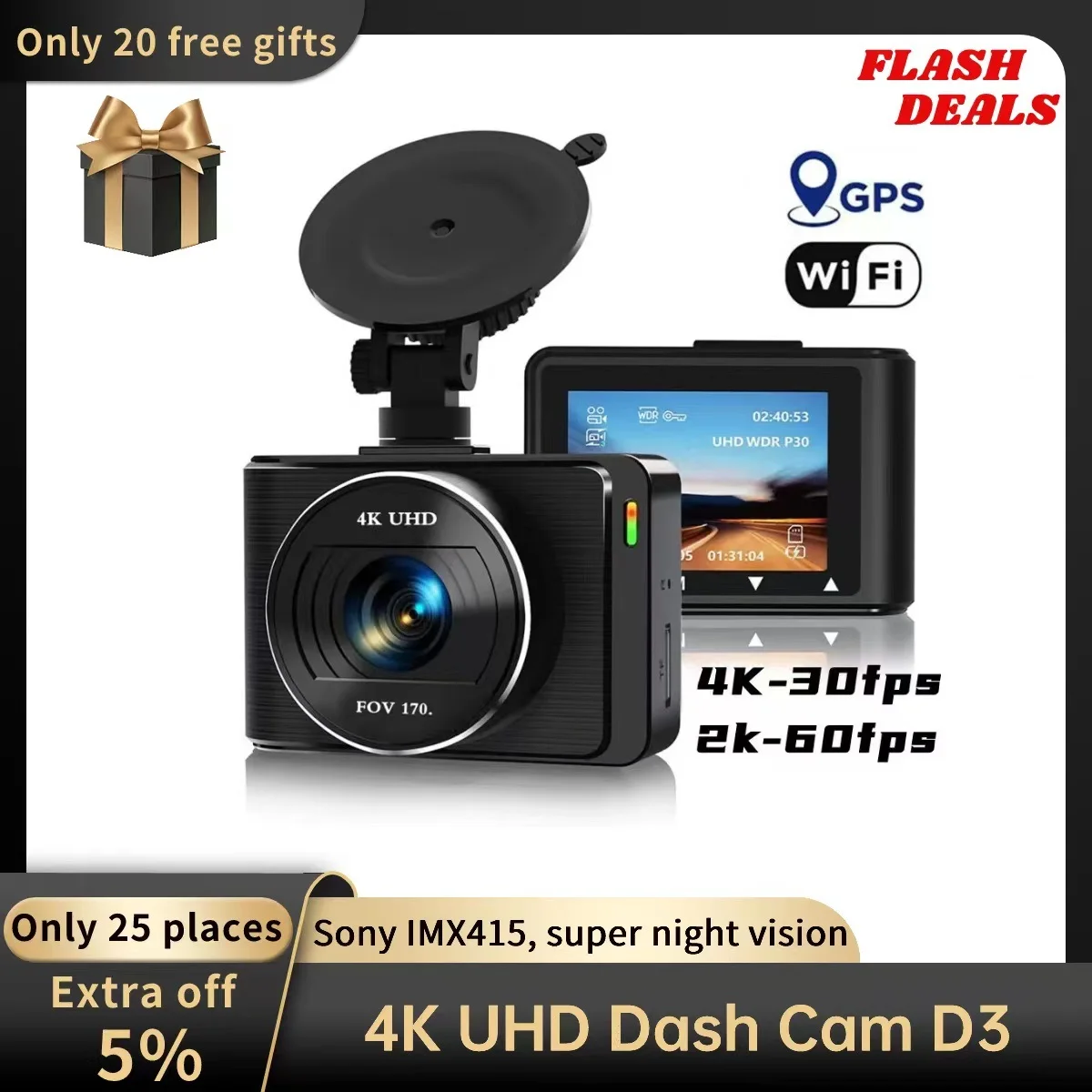 D3 Dash Cam 4K Sony IMX415 2160P Night Vision Car Dash Camera GPS Wi-Fi Dashcam 24H Parking Monitor 170°FOV dvr Camera For Car