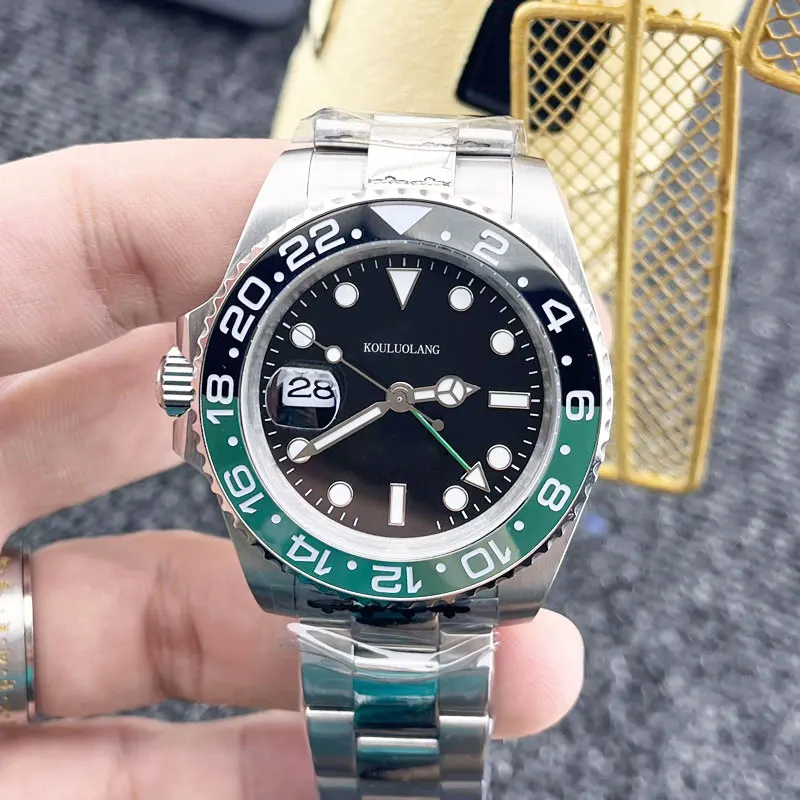 

40mm Men's Watch GMT Ceramic Bezel Luminous Water Resistant Sapphire Glass 316 Stainless Steel Jubilee Strap Black Green