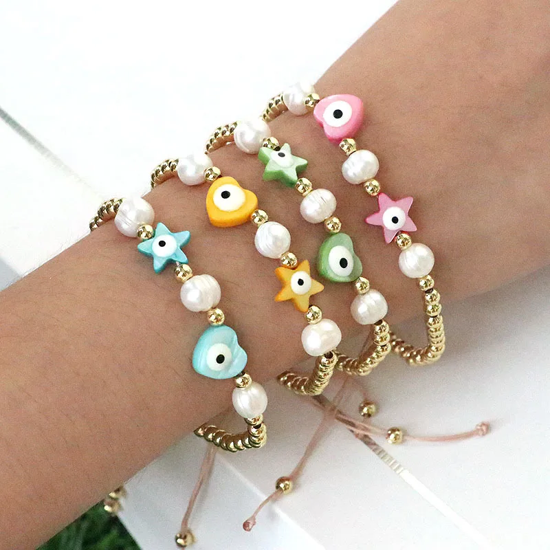 

Vlen Star Heart Evil Eye Bracelets for Women Natural Pearl Gold Plated Beads Bracelet Adjustable String Strand Pulseras