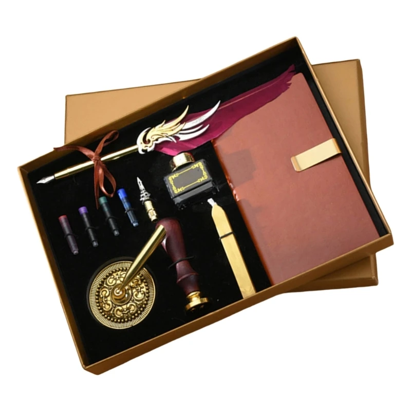 Набор винтажных штампов и перьевых ручек с мешочками чернилами в бутылке