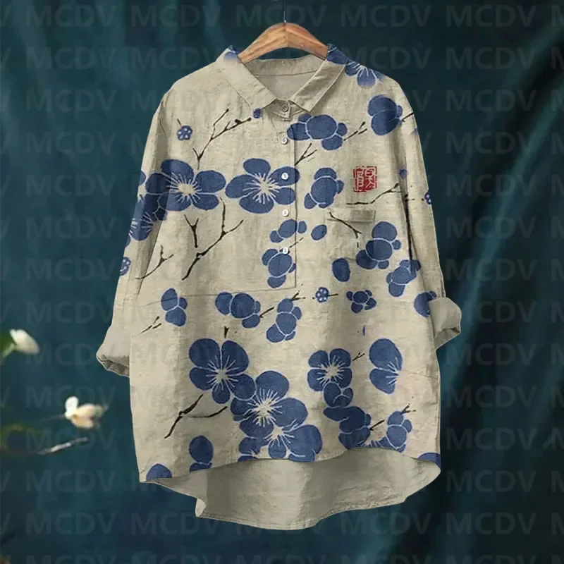 Женская повседневная блузка с лацканами вишневого цвета в японском стиле Lino Art