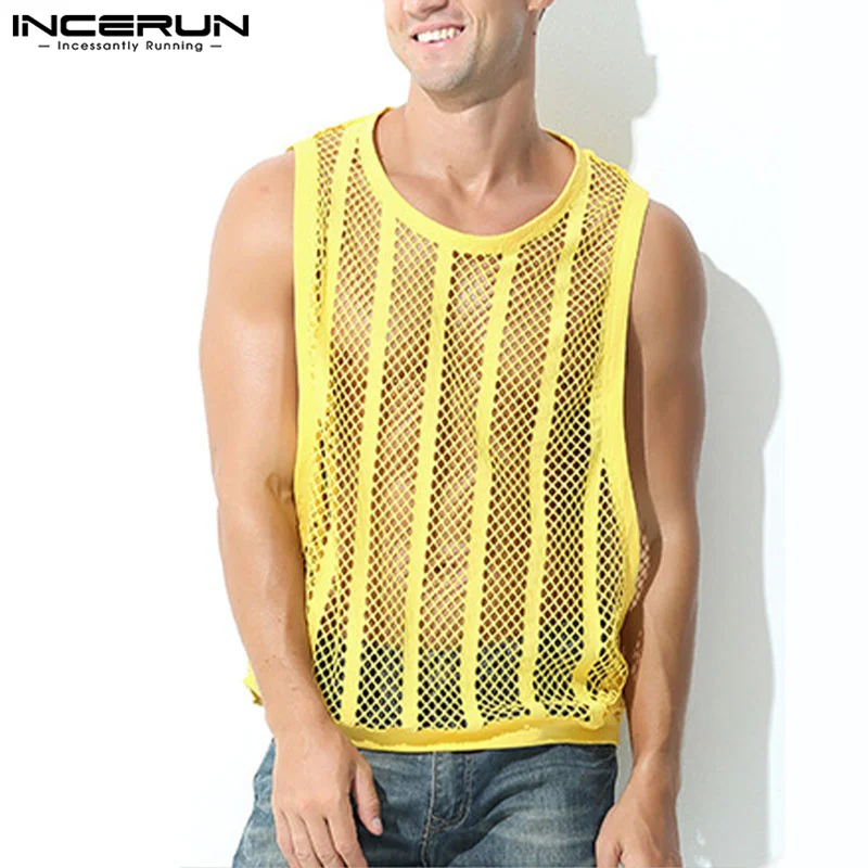 

INCERUN Men Tank Tops Mesh Transparent O-neck Sleeveless Sexy Male Vests Streetwear Summer 2023 Breathable Vacation Men Clothing