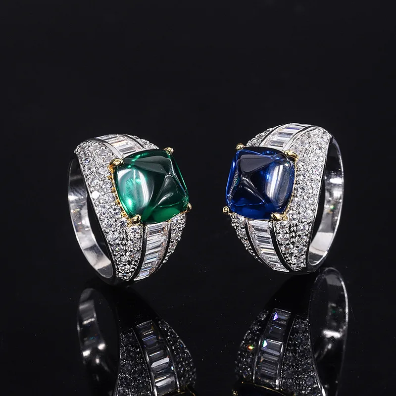 

Lind Jewelry S925 Silver Hot Sale Imitation Colored Gems Emerald Blue Treasure Sugar Tower Full Of Ring Main Stone 10*10