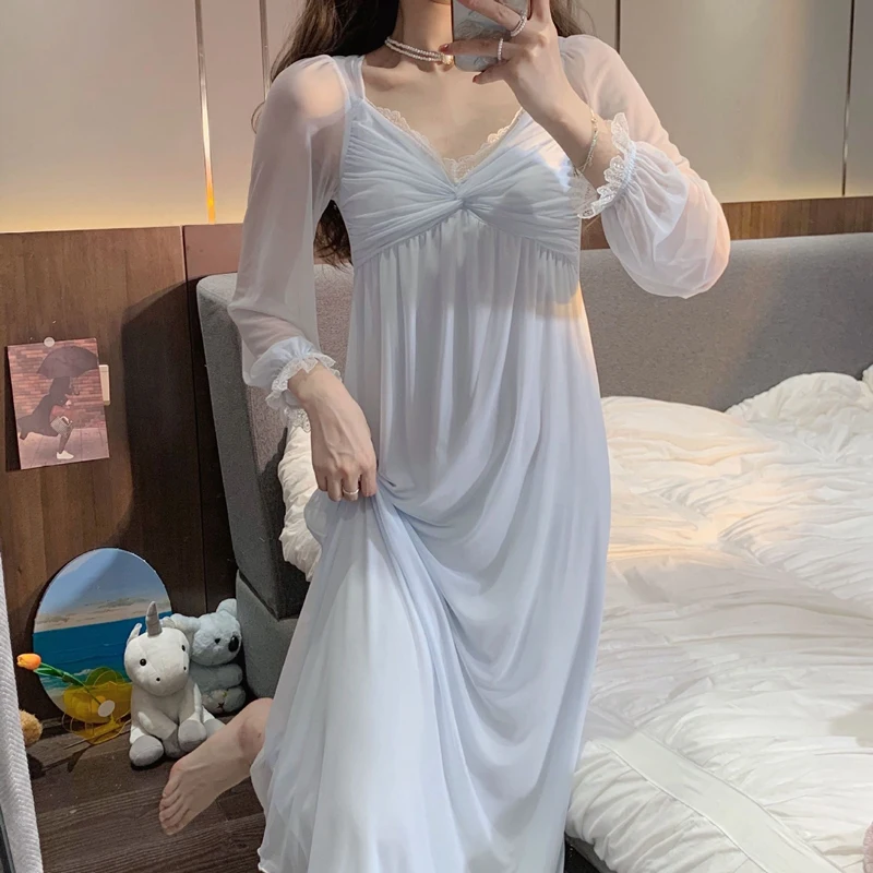 

Vintage Lolita Dress Women's White Princess Sleepshirts Palace Style Lace Mesh Nightgown Long Sleeve Nightdress Sleep Loungewear