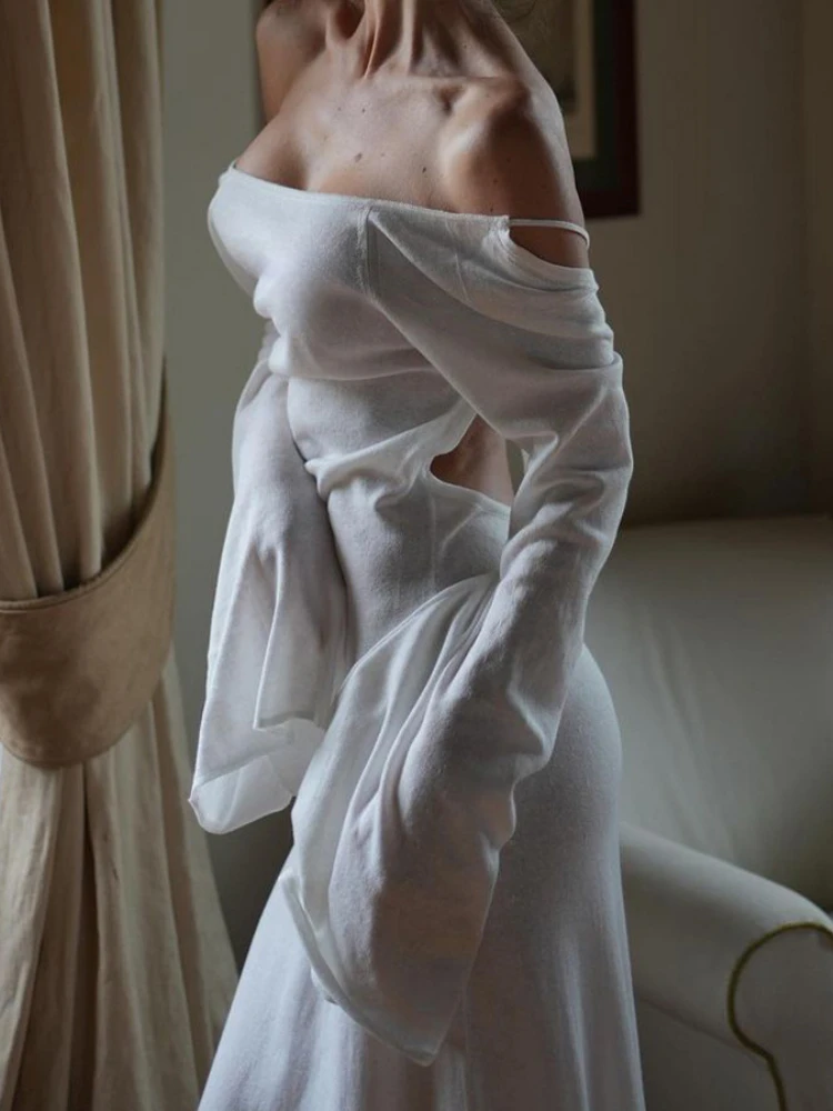 

White Long Sleeve Knitted Beach Dress Women Sexy Backless Slim Maxi Dress Summer Fashion Bandage Holiday Dress Outfits 2023