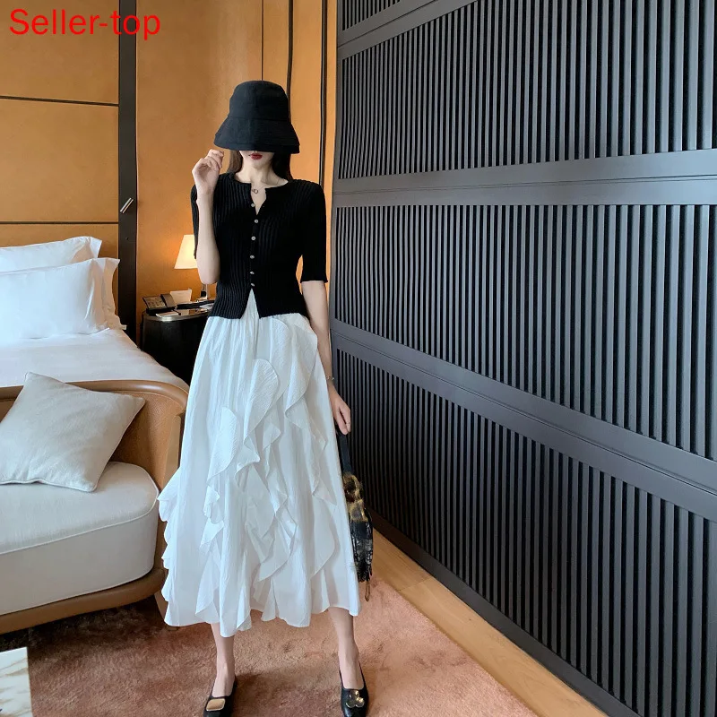 

European Station Spring and Summer New Fashion Skirt Black and White with Casual Ruffle Skirt Two-piece Suit Women Shirt Set