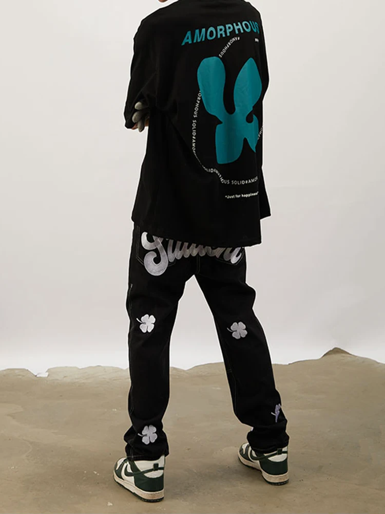 Four Seasons New Men's Jeans Embroidered Letter Jeans Men's Trend Loose Straight Pants Trend Casual Pants Long Pants Baggy Jeans