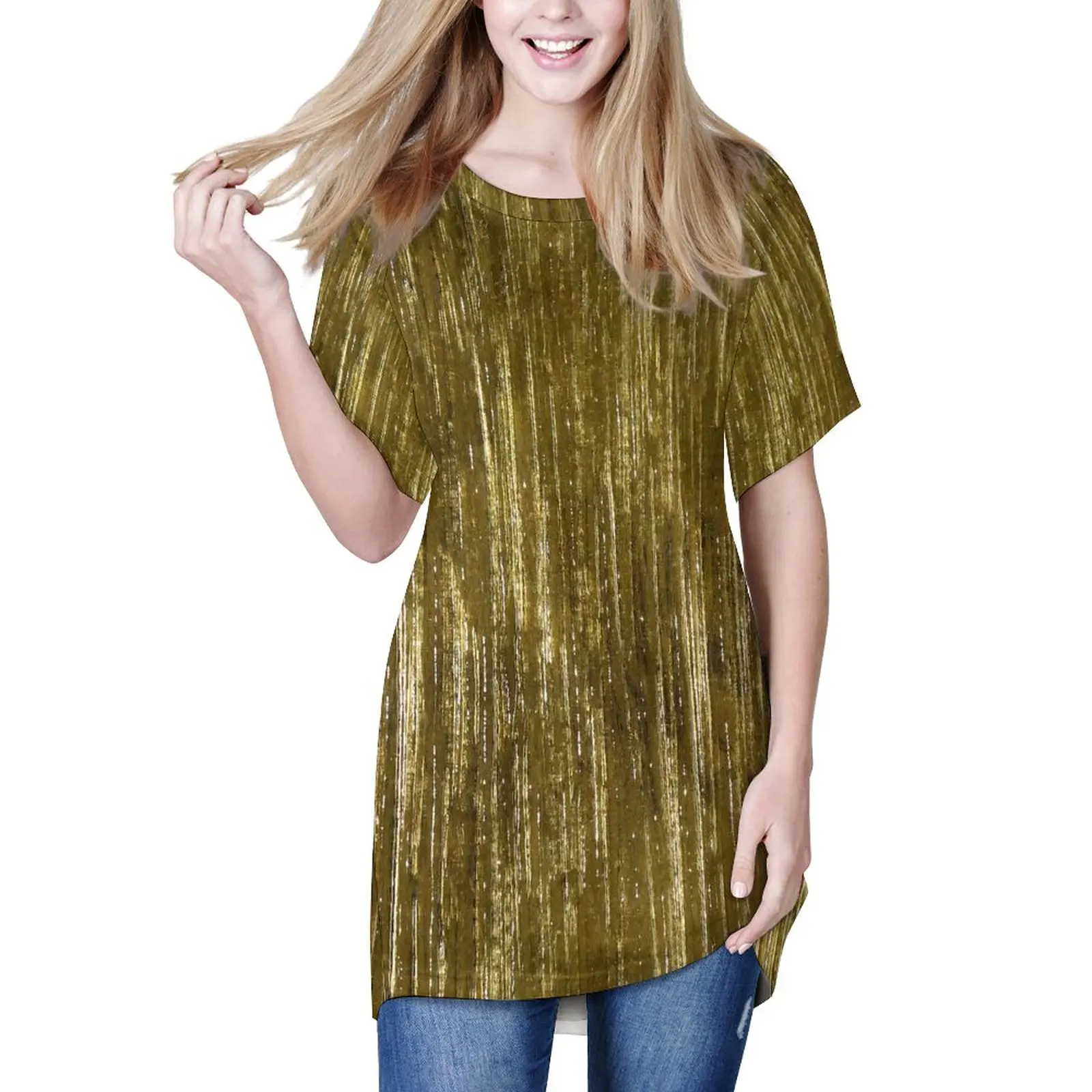 

Metallic Stripes T-Shirt Trending Metal Print Retro Loose T Shirts Short Sleeve Streetwear Tshirt Women Beach Big Size Clothing