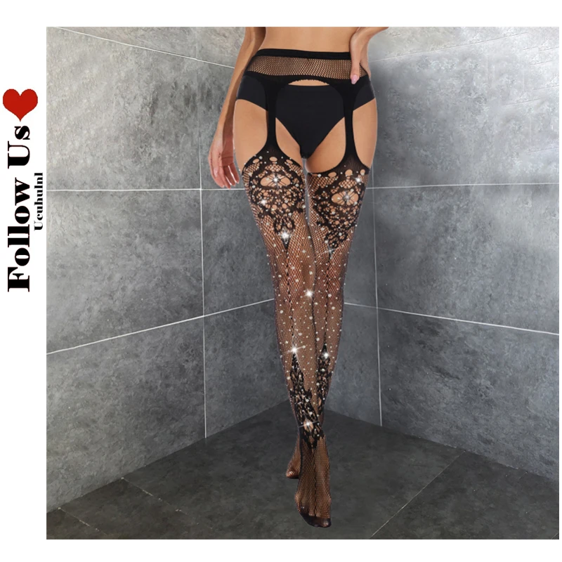 

Diamond Erotic Stockings With Garter Belt for Women Rhinestones Fishnet Pantyhose Plus Size Thigh High Socks Sexy Lingerie