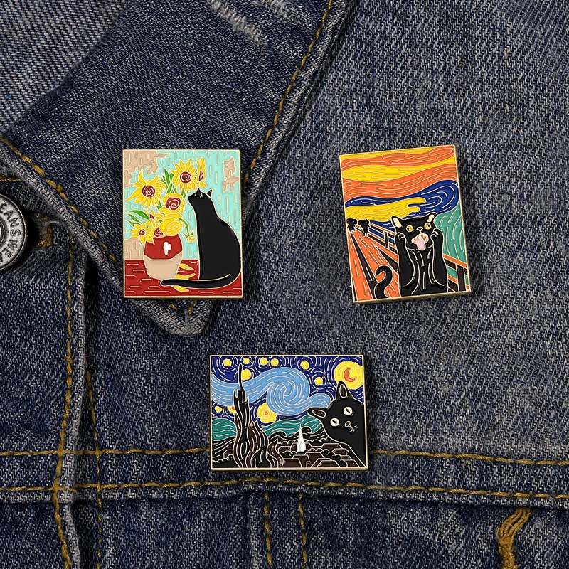 

Oil Painting Black Cat Enamel Pins Starry Sky Flower Lapel Pin Clothes Hat Jewelry Accessories Metal Brooch Badge for Friends