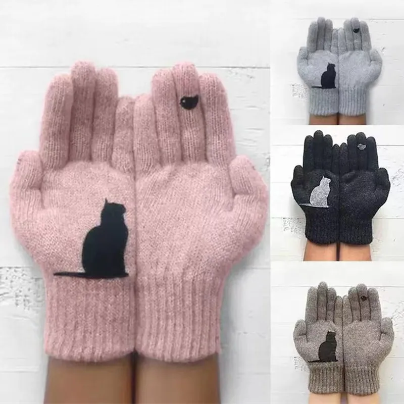 

1Pair Woolen Knitted Gloves Winter Cat Bird Printed Full Finger Mittens Hand Warmer Men Women Gloves Thicken Cycling Gloves