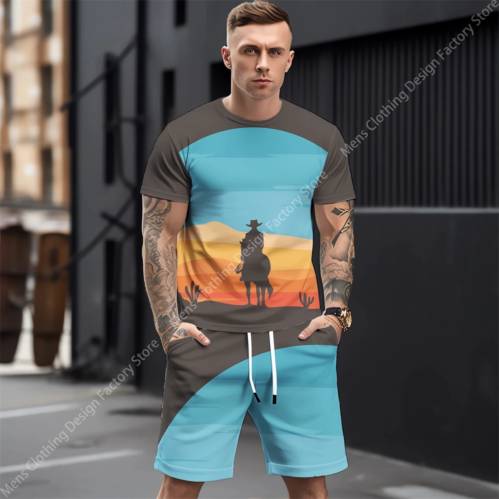 2023 New Tracksuit Men Summer Casual Short Sleeve T-shirt+Shorts Men's Sweat-Shirt Set Fashion 3D Print Streetwear Men Clothing