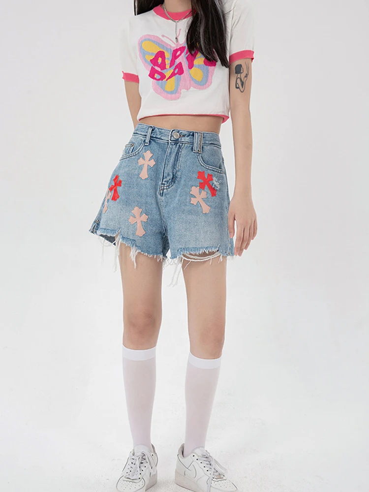 Женские джинсовые шорты с принтом модные рваные высокой талией в Корейском стиле