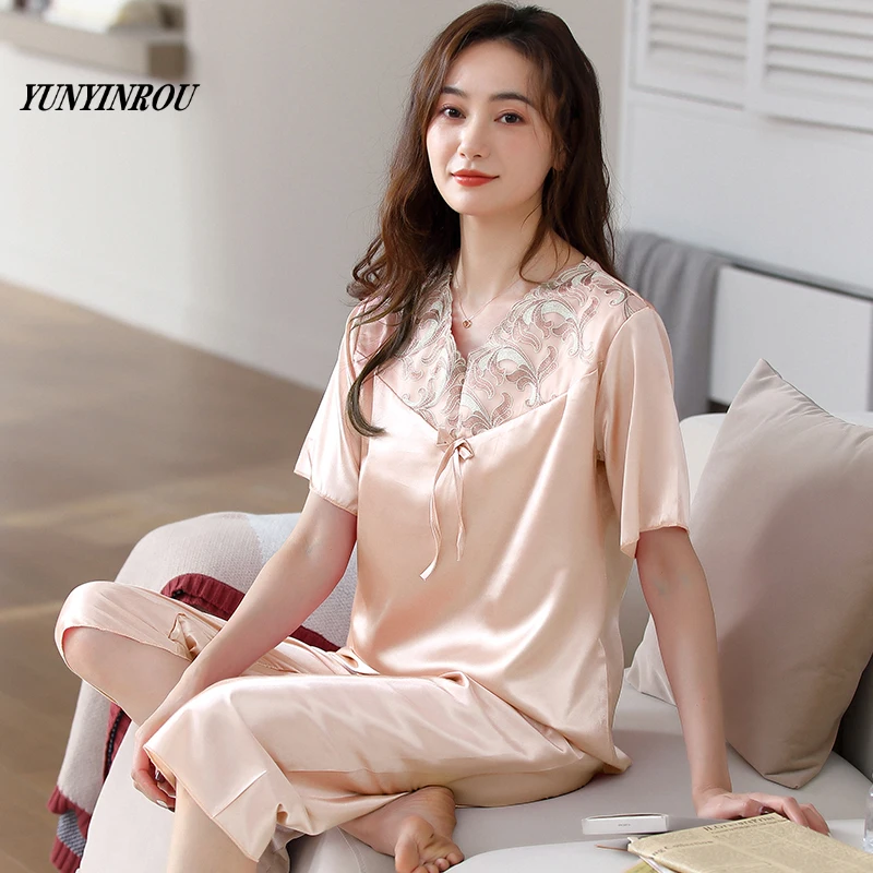 

Summer 4XL Ladies Calf-length Pants Female Faux Silk Pajama Sets Pyjamas Women's Loungewear Floral Pijama Mujer Satin Sleepwear