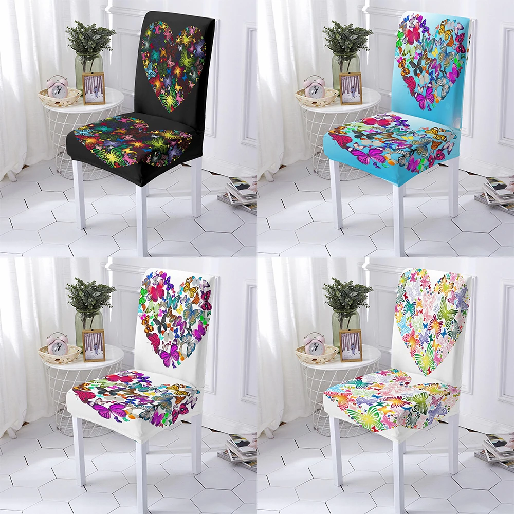 

Чехол на стул с цветным принтом бабочки, чехол на сиденье с любовным рисунком, из спандекса, ткань, моющаяся экозащита, декор для кухни, отеля