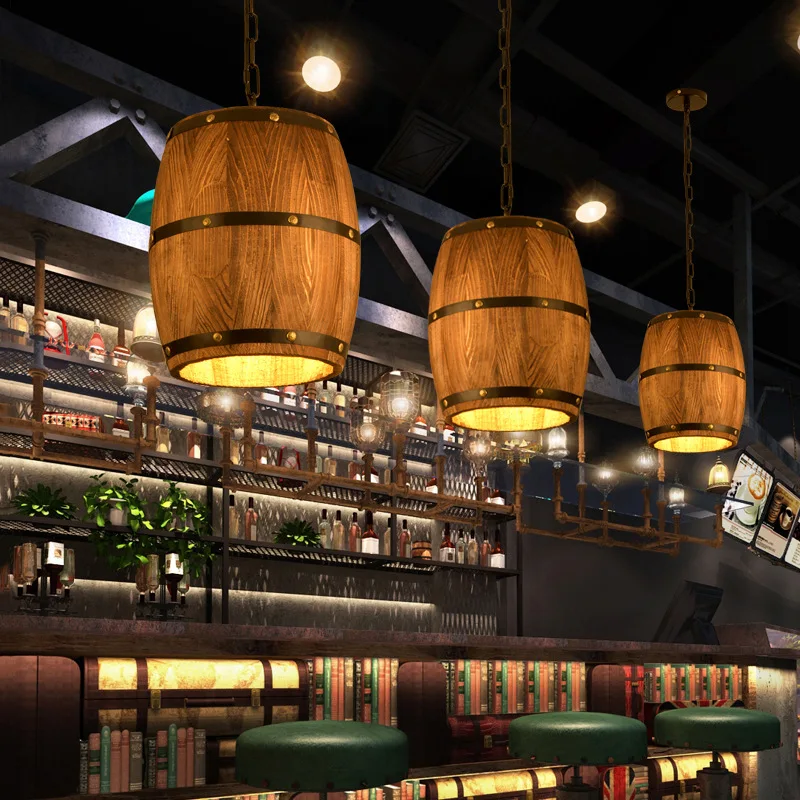 Винтажная Подвесная лампа в виде бочонка креативная из дерева для столовой кухни