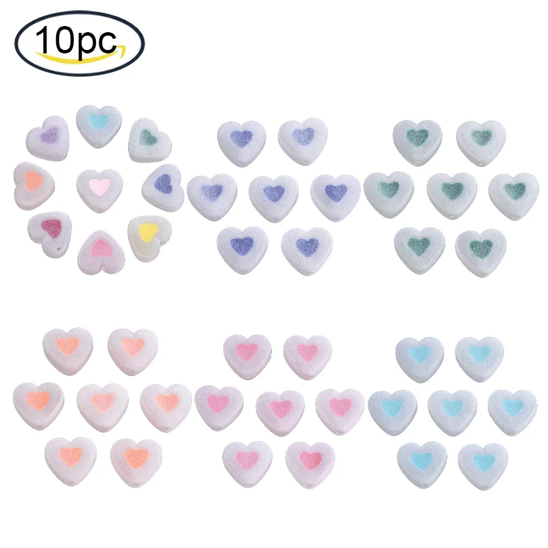 

10PCS Flocky Acrylic Beads Bead in Bead Heart Mixed Color 16x18x11mm Hole: 2mm