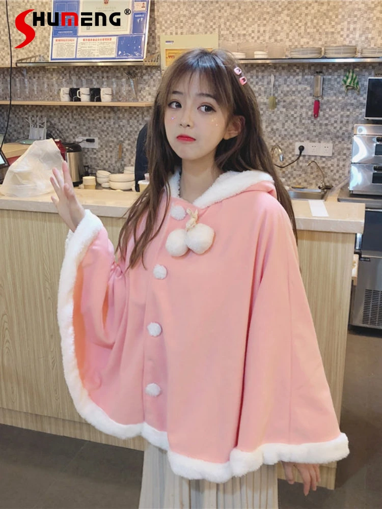 

Winter Oversized Cute Cloak Hooded Jacket Female Loose Japanese Style Women's Fleece-Lined Rabbit Ears Cape Woolen Coat Student