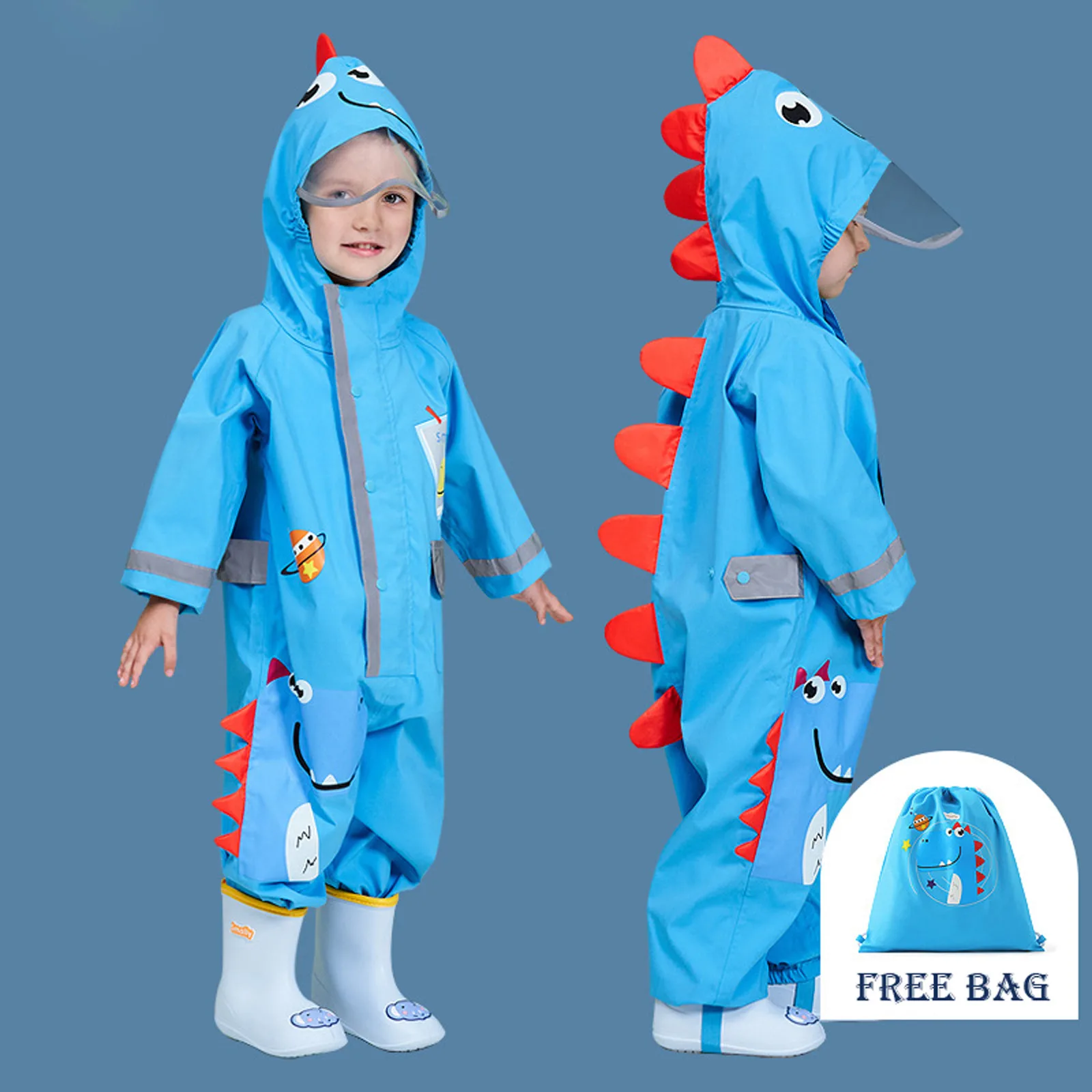 

1-10 Years Old Kids Blue Dinosaur Raincoat Outdoor Jumpsuits Waterproof Rainwear Baby Boy Girl Raincoat And Rain Pants Suit