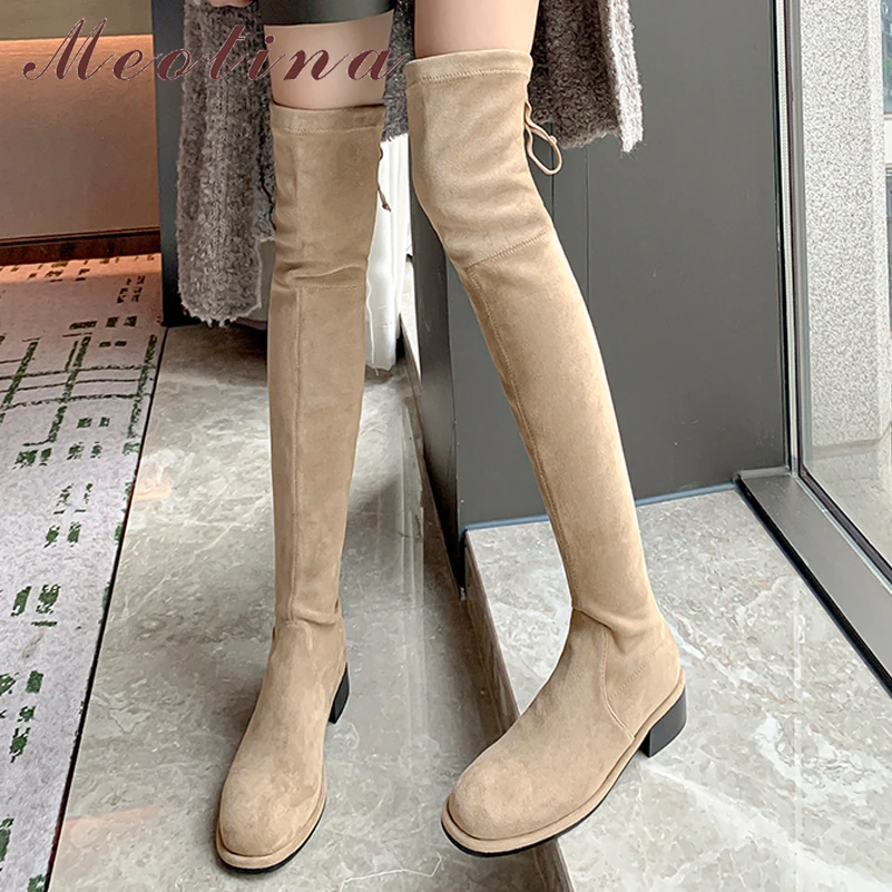 

Meotina Women Thigh High Boots Round Toe Flat Ladies Fashion Over-the-Knee Long Boot Autumn Winter Shoes Apricot Black 40